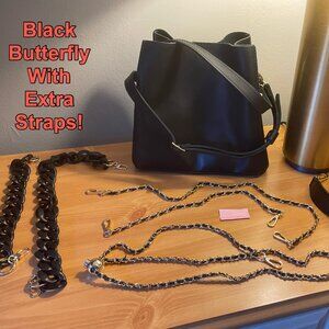 Portland Leather Goods Smooth Black Butterfly Bucket Bag with Extra Straps